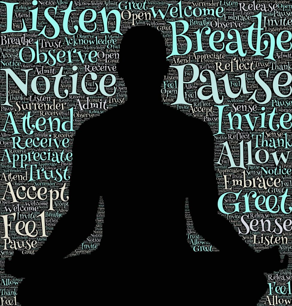 an outline image of a person sitting in a meditative pose has a backdrop of words such as 'attend' 'allow' 'pause' 'feel'